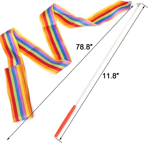 Vista 2 de Paquete de 4 cintas de baile de 6.6 ft, cintas de gimnasia rítmica con serpentinas de arco iris, varitas giratorias en palos para baile artístico