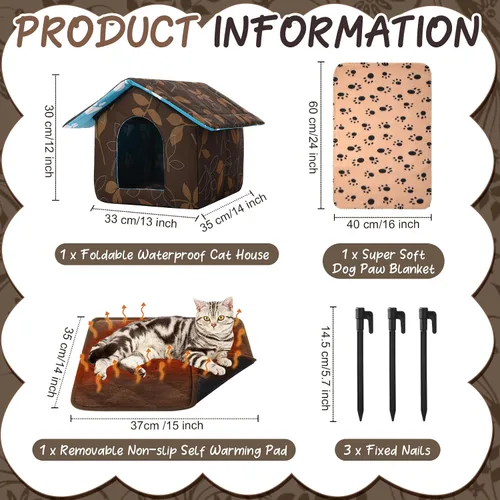 Vista 2 de Casa para gatos al aire libre, casas impermeables para gatos salvajes, perros, refugio de mascotas, casa plegable para perros con manta