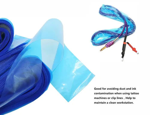 Vista 2 de HuoHuo 100 fundas de cordón con clip de tatuaje, fundas de plástico con clip azul, fundas desechables para cable de higiene, una caja de 100 fundas