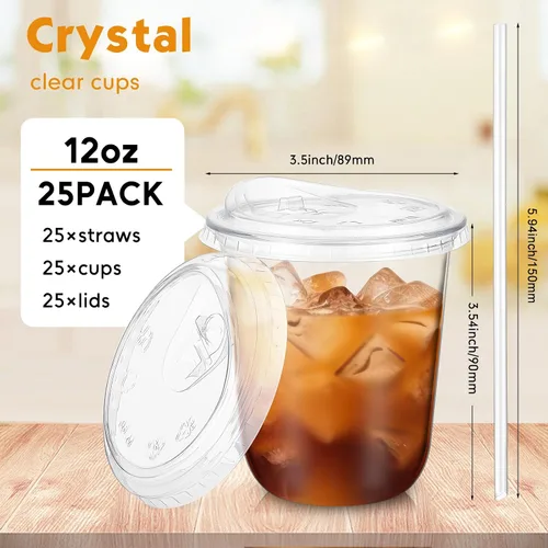 Vista 3 de Ziliny Paquete de 25 vasos de plástico transparente de 12 onzas con tapas para sorbos y pajitas, tazas desechables para café helado de cristal