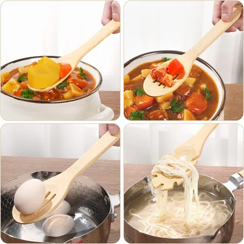 Vista 4 de [7 piezas] Las cucharas de madera para cocinar son para toda la cocina. Hechas de madera de bambú, espátula de madera y cuchara de madera de 11.8
