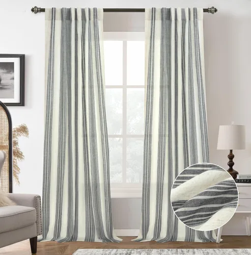 Vista 114 de DriftAway Cortinas de estilo granja con rayas verticales de lino mezclado texturizado con filtro de luz semitransparente para sala de estar