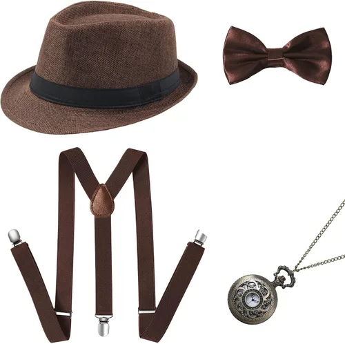 Vista 10 de BABEYOND 1920s - Conjunto de accesorios de gángster de Gatsby para hombre, sombrero de Panamá y pajarita