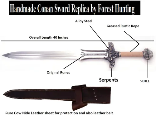 Vista 3 de Espada de Conan el Bárbaro, 42'' Espadas artesanales de acero al carbono 1095 con accesorios de latón, con espiga completa, vaina de cuero de vaca