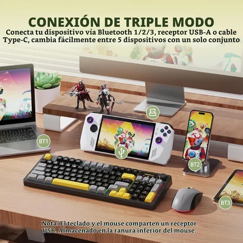 Vista 2 de Combo de teclado y mouse inalámbricos cremoso con teclado numérico para computadora de escritorio, Mac, iPad, Bluetooth/2.4 ghz/recargable