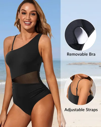 Vista 2 de Yonique Traje de baño de una pieza con un hombro para mujer, traje de baño de malla con control de abdomen