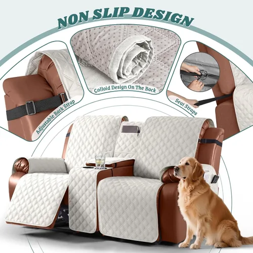 Vista 4 de Ruaozz Funda impermeable para sofá biplaza reclinable con consola, funda antideslizante para sofá reclinable dividido, con correas elásticas Beige