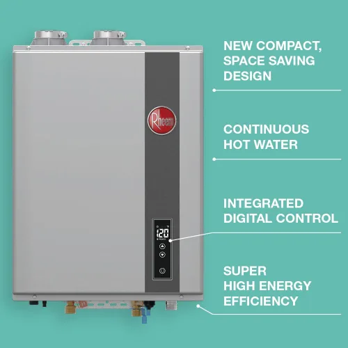 Vista 3 de Rheem - Calentador de agua de propano líquido sin tanque y con condensación, para interiores, hasta 6.8 GPM, 120,000 BTUs de agua caliente super
