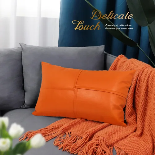 Vista 6 de BRAWARM Fundas de Almohada Decorativas de Cuero Sintético 12 X 20 Pulgadas, Fundas de Almohada Lumbar de Cuero Naranja Paquete de 2, Almohadas