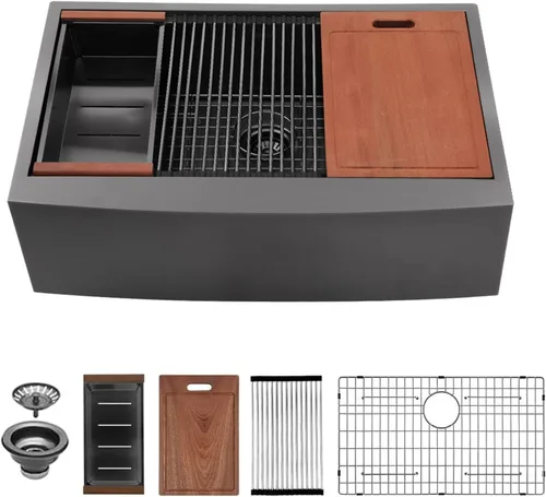 Vista 20 de Sarlai Fregadero de cocina de 30 unidades color negro, 30 x 22 pulgadas, fregadero de cocina de 30 x 22 pulgadas, fregadero de cocina de acero Acero