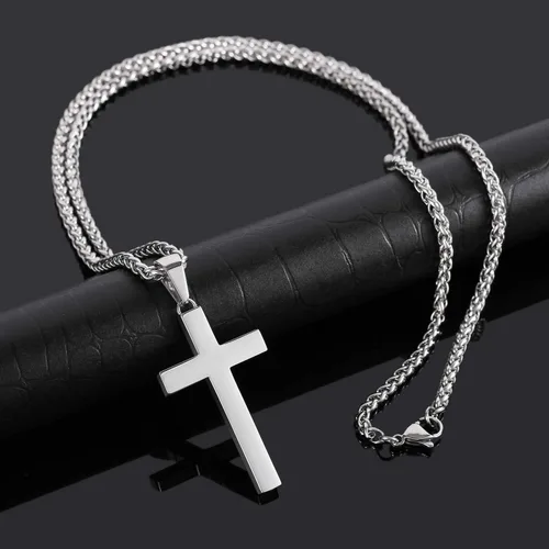 Vista 5 de P. BLAKE Collar con colgante de cruz de acero inoxidable para hombres y niños, colgante de cruz cristiana con cadena de 24 pulgadas