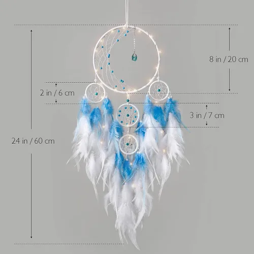 Vista 7 de KHOYIME Atrapasueños LED con luz de medio círculo con luna, luces, plumas hechas a mano, atrapasueños para dormitorio, decoración bohemia