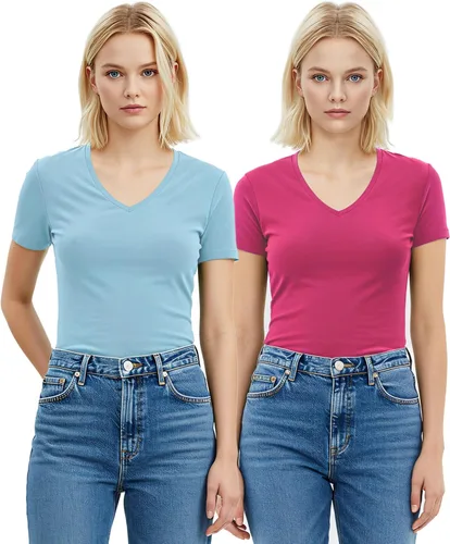 Vista 140 de Emmalise Camiseta de manga corta para mujer, cuello en V, tallas junior y plus