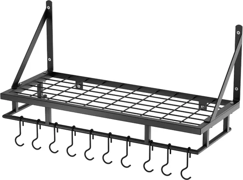 Vista 8 de KES Estante para ollas de cocina de 24 pulgadas montado en la pared, organizador de almacenamiento con ganchos, estante de pared en mate negro