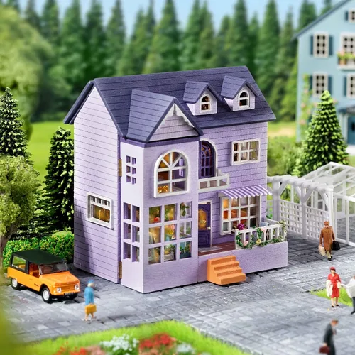 Vista 2 de Spilay Casa de muñecas Kit de muebles de madera en miniatura, mini casa de muñecas hecha a mano con LED, escala 1:24, juguetes creativos para Casa