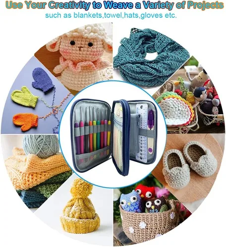 Vista 6 de Juego de 100 ganchos de ganchillo en estuche con mango ergonómico de agarre suave, hilo para tejer, agujas de tejer, kit de accesorios para agujas