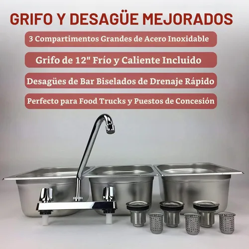 Vista 6 de Fregadero de concesión de acero inoxidable con 3 compartimentos grandes
