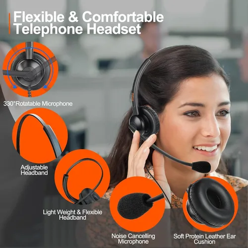 Vista 4 de Auriculares de teléfono con cable de centro de llamadas con conector de 0.098 in para teléfono IP Cisco SPA Polycom Pansonic, auriculares