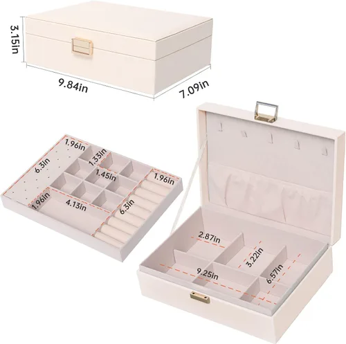 Vista 2 de DECOR4SEASON Joyero organizador de piel sintética con 2 capas de almacenamiento y bandeja extraíble para collares, aretes, anillos, pulseras
