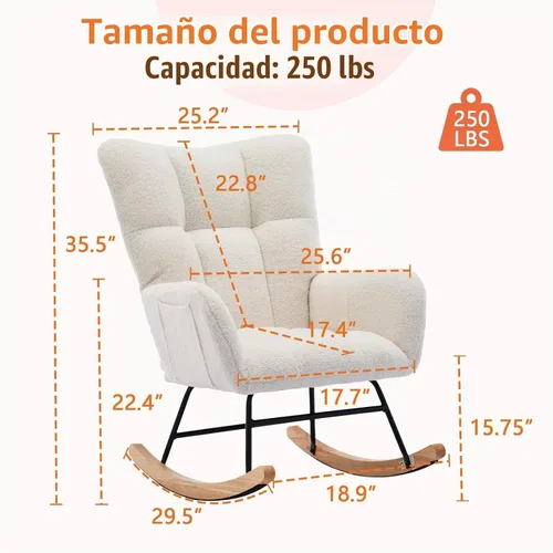 Vista 2 de Mecedora tapizada para cuarto de bebé, asiento acolchado con respaldo alto, patas de madera maciza para guardería, dormitorio, sala de estar