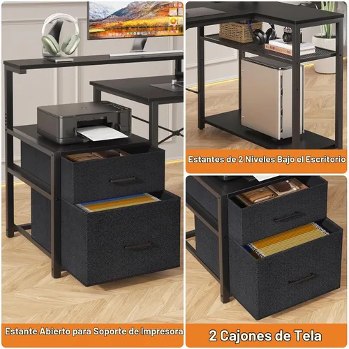 Vista 7 de Aheaplus Escritorio en forma de L con cajón de archivos, escritorio reversible en forma de L para computadora y juegos con toma de corriente
