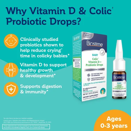 Vista 2 de Biostime Gotas probióticas de vitamina D y cólicos para bebés recién nacidos a 3 años Valores 100% diarios Vitamina D para apoyo óseo e