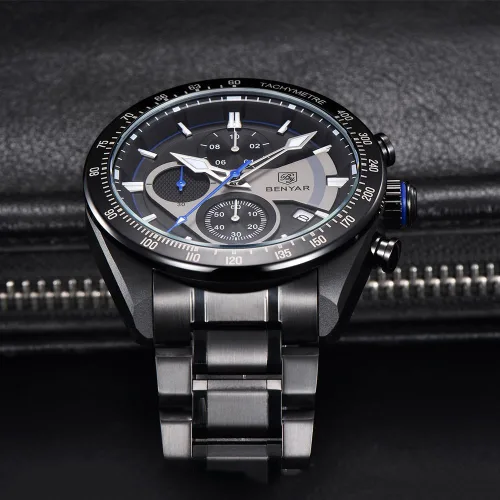Vista 4 de BY BENYAR Relojes clásicos para hombre, relojes de pulsera militares de acero inoxidable con calendario, resistentes al agua y a los rayones