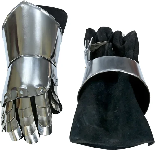 Vista 3 de M MUTU GREENWORLD Par de guantes góticos de caballero medieval de acero calibre 18, armadura para disfraces medievales y festivales de Halloween
