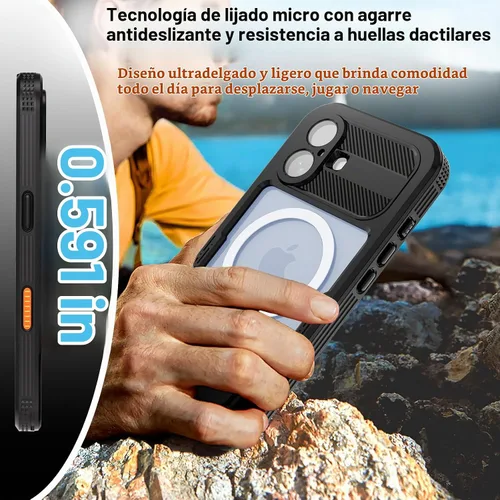 Vista 5 de Funda impermeable para iPhone 17, certificada IP68, grado militar a prueba de golpes y polvo para iPhone 17 (6.3" 2025), compatible con MagSafe Negro