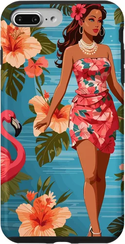 Vista 12 de iPhone 12 Pro Max Vintage Tiki Design - Funda hawaiana retro de flores hula y flamencos