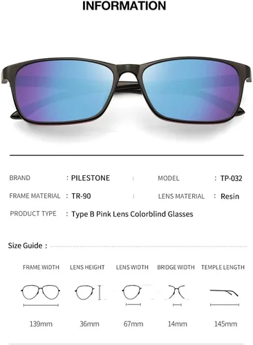 Vista 9 de Pilestone TP-032 Lens B - Gafas para daltónico de color estilo delgado para uso en interiores y exteriores fuertes/severos