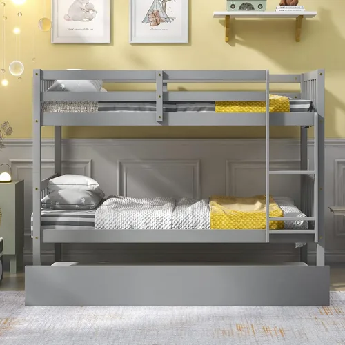 Vista 3 de HOUAGI Litera individual sobre cama individual con nido, litera de madera maciza con barandilla de seguridad y escalera, color gris