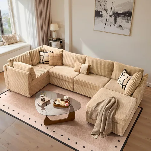 Vista 46 de Ovios - Sofá modular con diván en forma de U y otomanas, cómodo y mullido, tapizado en pana estilo nube, moderno, asiento profundo, juego de sofás