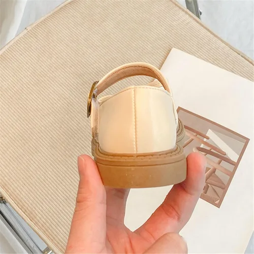 Vista 4 de Sandalias para niñas con diseño de lazo de cuero, punta redonda suave, zapatos planos para vestido de princesa
