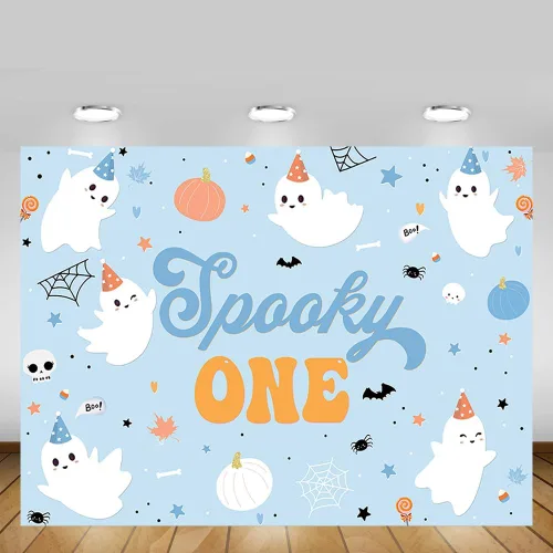 Vista 5 de MEHOFOND Telón de fondo de Halloween de 7 x 5 pies para niños, espeluznante One Happy Booday, decoración de fiesta de primer cumpleaños, suministros