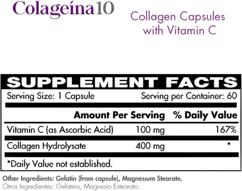 Vista 5 de Colageina 10 Cápsulas de colágeno hidrolizado con vitamina C, suplemento dietético antienvejecimiento para una piel, cabello, uñas, articulaciones