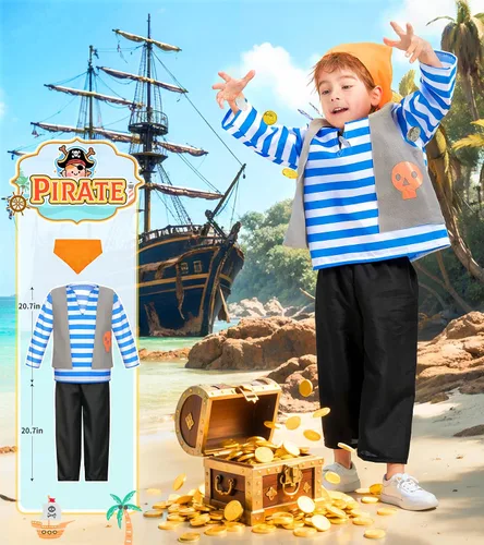 Vista 6 de Jeowoqao Conjunto de disfraces para niños, juego de rol para niños, 11 piezas, traje de pirata, chef, trabajador de construcción, disfraz de policía