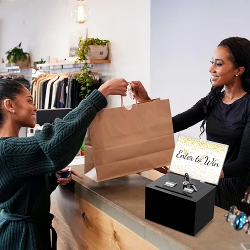 Vista 6 de Caja de donación acrílica negra con cerradura, caja de sugerencias segura con soporte para letreros para tarjetas de voto y consejos, 6 x 4.3 x 4