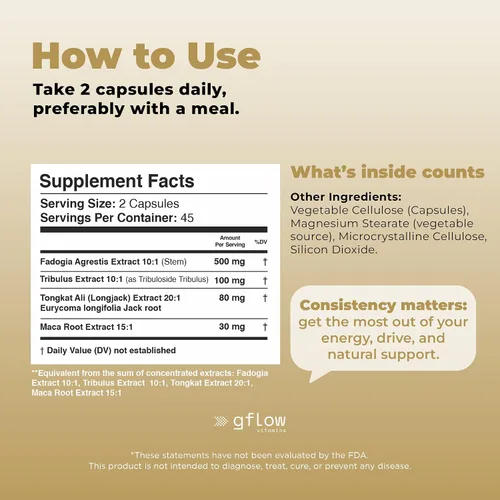 Vista 7 de gflow vitamins Tongkat Ali para hombres y mujeres, fórmula extra fuerte con Fadogia Agrestis y Tribulus con raíz de maca, resistencia, vitalidad