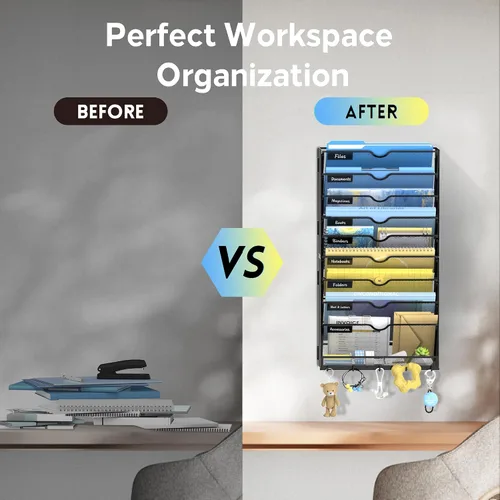 Vista 7 de SUPEASY Organizador de archivos de pared de 10 niveles con ganchos Negro