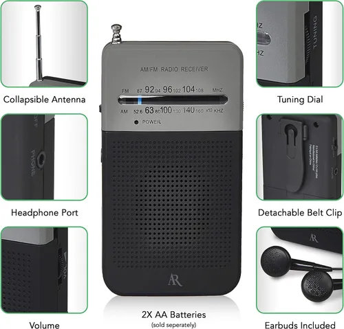 Vista 2 de Acoustic Research Radio AM/FM portátil – Acabado de goma negro y gris con clip para cinturón, altavoz integrado y auriculares; funciona