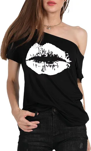 Vista 16 de MAGICMK - Camiseta casual para mujer, con estampado de labios y hombro descubierto, talla extragrande