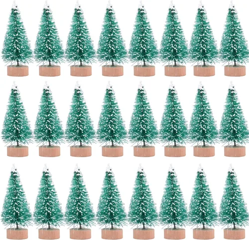 Vista 8 de 24 mini cepillos para botellas de árboles de Navidad con base de madera, mini árboles de plástico artificial para manualidades, adornos de nieve