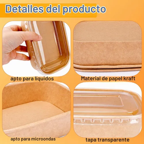 Vista 3 de 60 cuencos desechables de papel kraft a granel, rectángulo, extragrueso, a prueba de fugas, recipiente de alimentos con tapa de plástico