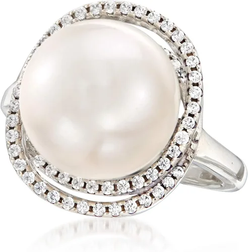 Vista 4 de Ross-Simons Italian 12mm Cultured Pearl and .78 ct. t.w. CZ Ring in Sterling Silver