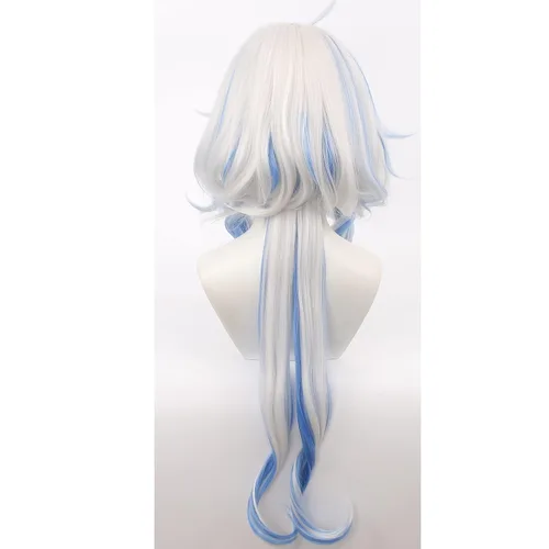 Vista 4 de Peluca de Focalors para cosplay, anime Genshin Impact, larga, rizada, blanco y azul, peluca de repuesto para mujeres y niñas, para fiestas