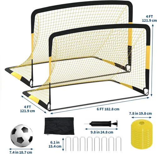 Vista 2 de Paquete de 2 porterías de fútbol de 6 x 4 pies, juego de porterías de fútbol para niños, red de fútbol portátil desplegable con pelota de fútbol
