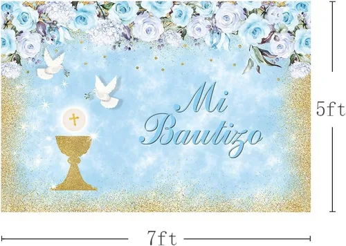 Vista 3 de MEHOFOND Mi Bautizo - Telón de fondo para fiesta de bautismo para niños, fondo de fotografía de fondo dorado con texto en inglés "Bless Bles", Azul