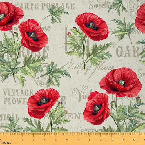 Vista 11 de The Yard - Tela de amapola roja por yarda, pintura a tinta, flores florecientes, tela para adolescentes, niñas, mujeres, acuarela, pájaros, rústico