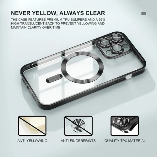 Vista 3 de Misea Funda magnética transparente para iPhone 14 Pro Max [compatible con MagSafe] [Nunca amarilla] [Protección contra caídas de grado militar] Negro